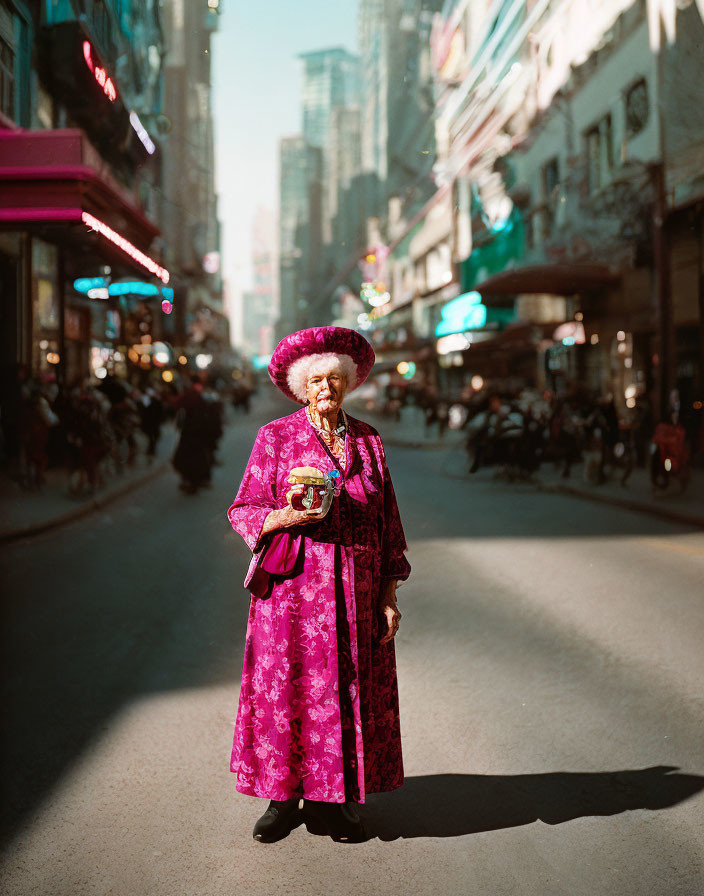 Elderly person in vibrant pink traditional outfit with red hat and bouquet on busy street
