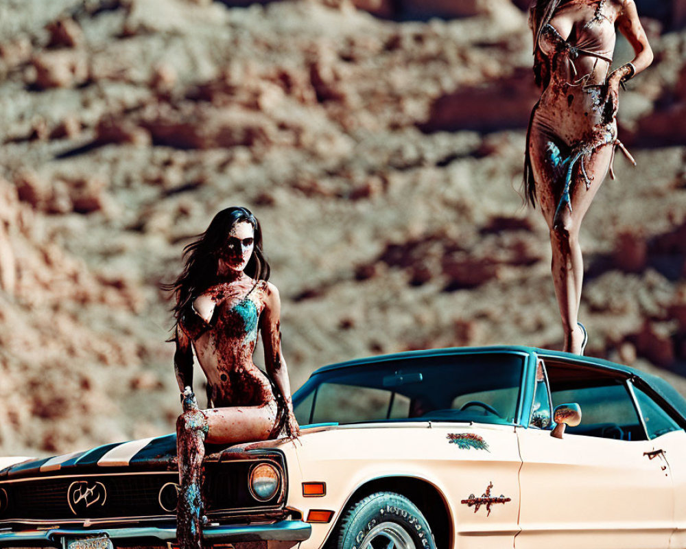 Two Women in Bikinis Posing on Classic Mustang in Desert Setting