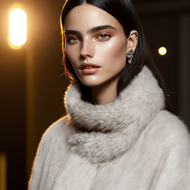 Dark-haired woman in fur coat and earring under warm studio light