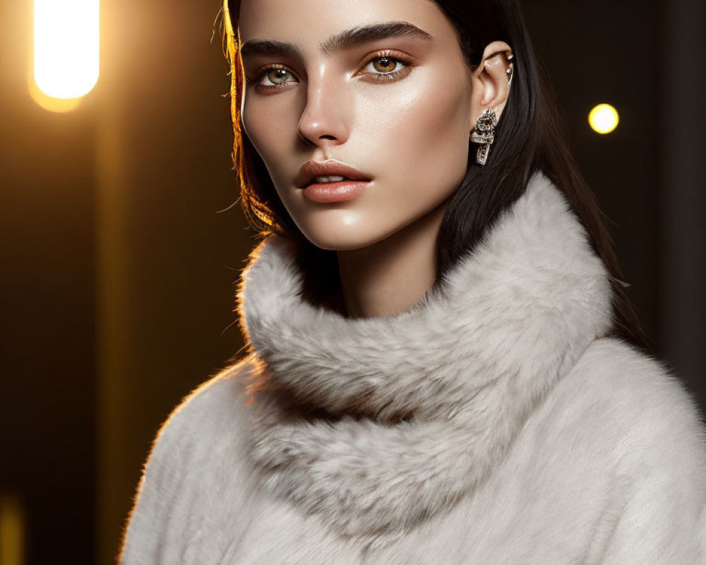 Dark-haired woman in fur coat and earring under warm studio light