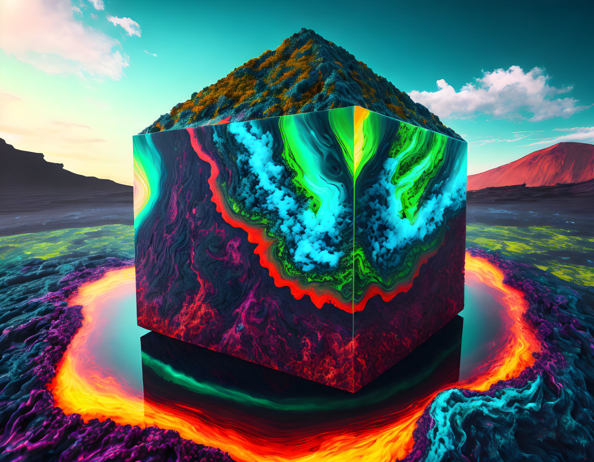 Surreal cubic structure in vibrant volcanic landscape