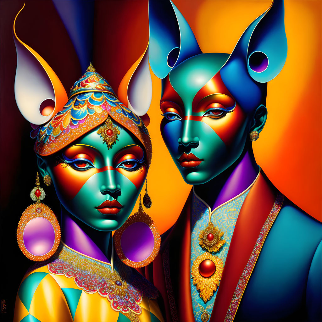 Colorful Stylized Humanoid Figures in Red, Blue, and Gold Attire