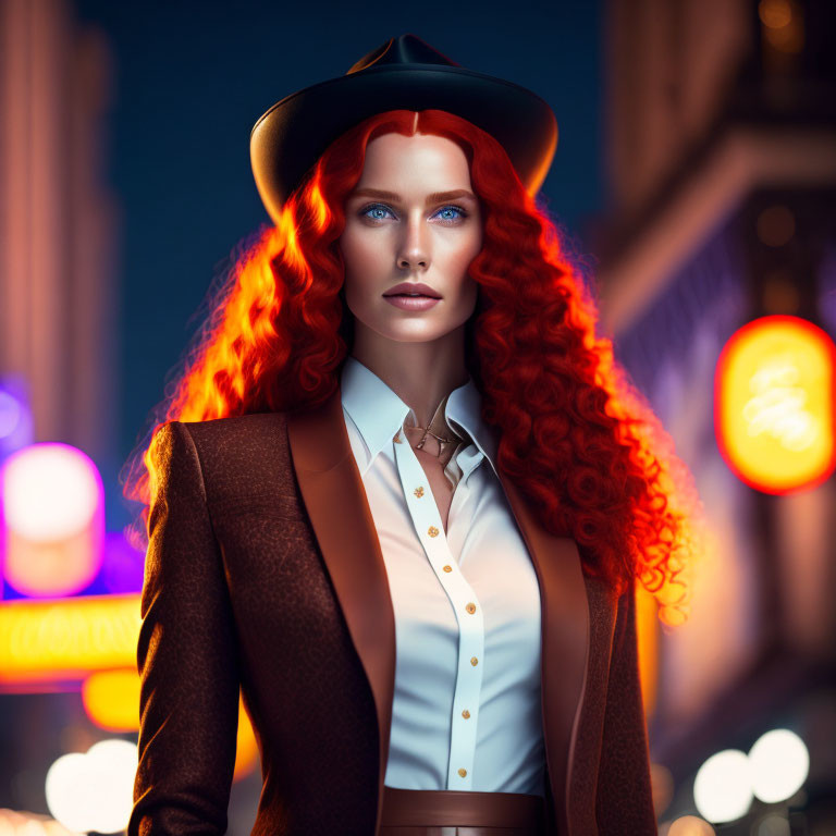 Woman with Red Hair and Blue Eyes in City Lights Night Bokeh