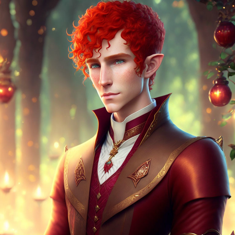 Fantasy character with red curly hair in maroon jacket in enchanted forest