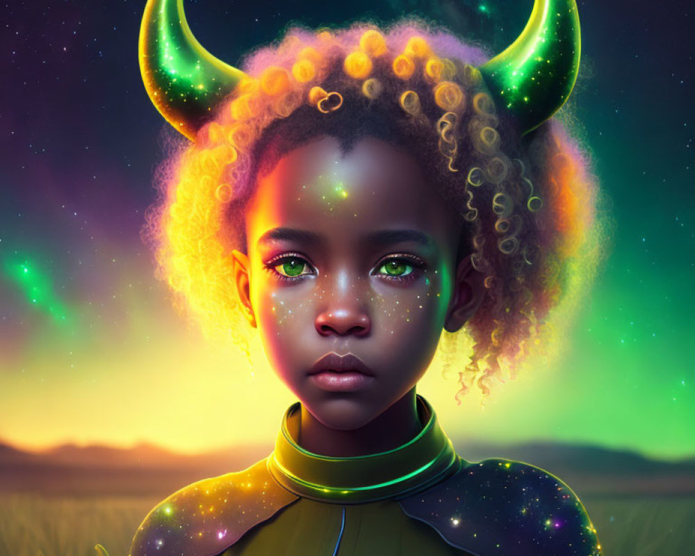 Young girl with glowing horns and cosmic aura in futuristic outfit against starry twilight backdrop