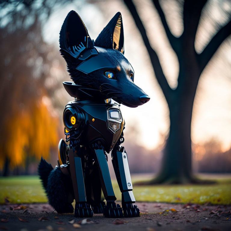 Robotic fox with mechanical limbs in park at sunset