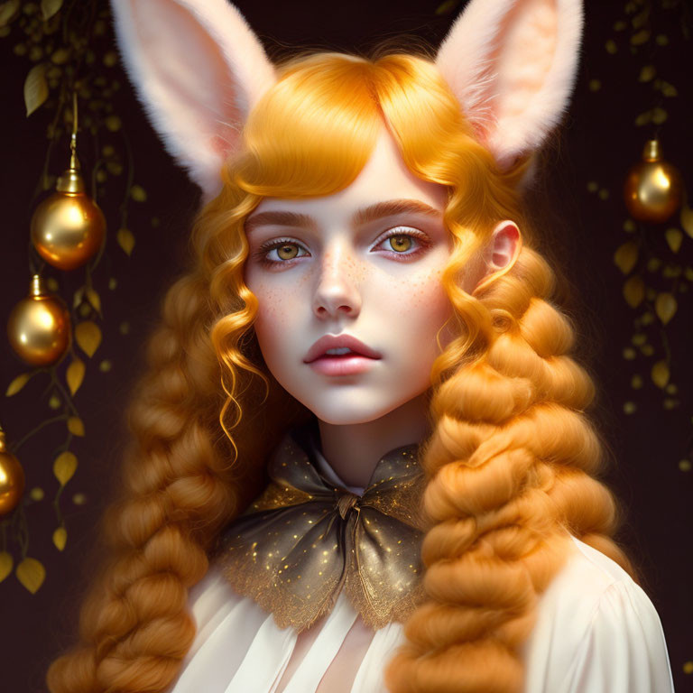 Portrait of Person with Fox-Like Ears and Orange Hair in Braids