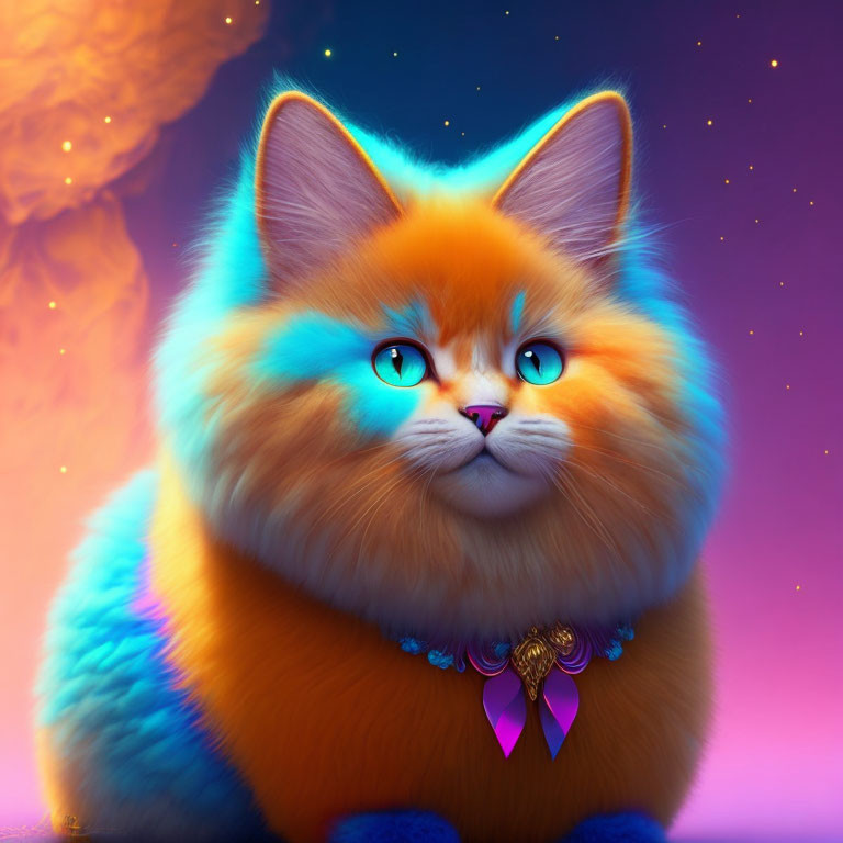 Colorful Fluffy Cat with Orange and Blue Fur on Cosmic Background
