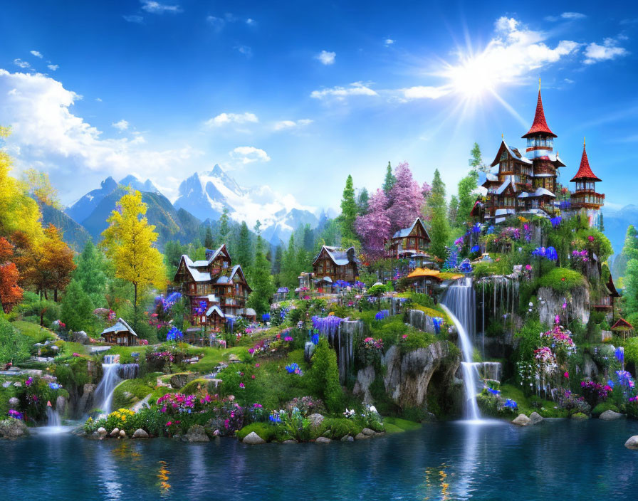 Colorful gardens, waterfalls, Asian buildings, snow-capped mountains in vibrant fantasy landscape
