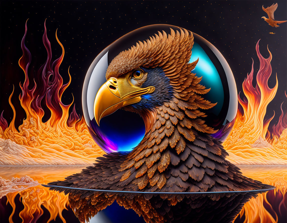 Majestic eagle in fiery landscape reflected in glossy sphere