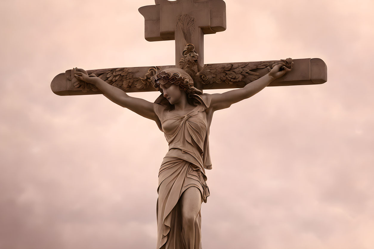 Bronze sculpture of blindfolded woman with cross under cloudy sky