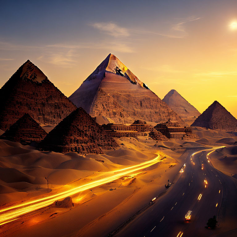Scenic sunset view of Giza Pyramid complex with car light trails