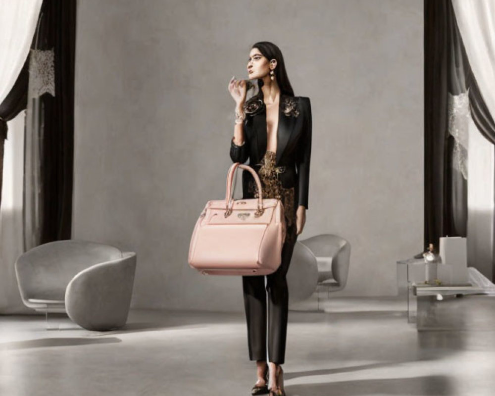 Woman in Black Attire Holding Pink Handbag in Chic Room