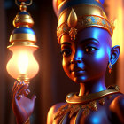 Blue-skinned figure with gold jewelry and lamp in 3D illustration