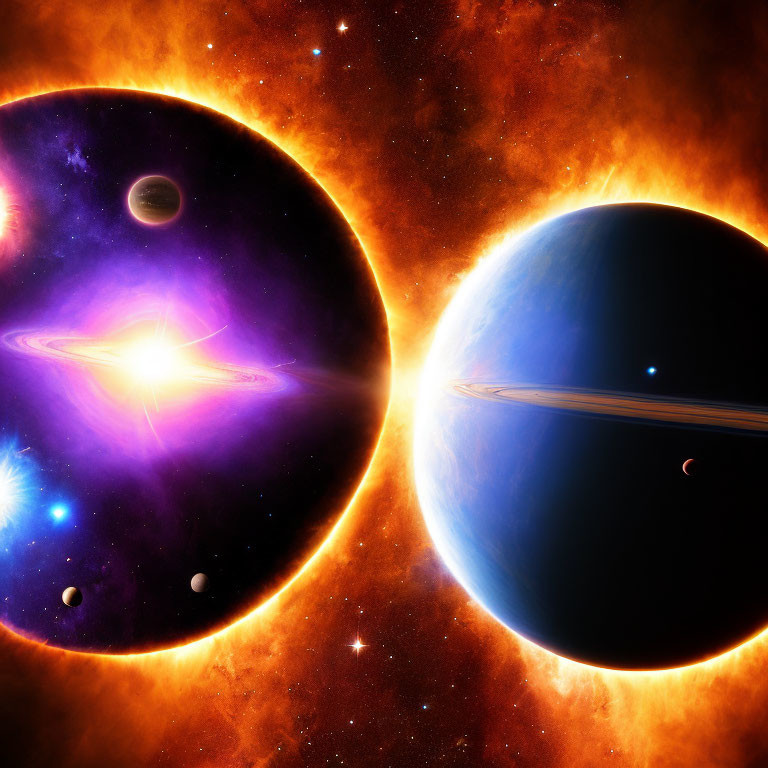 Fiery orange and cool blue planets in vibrant space scene