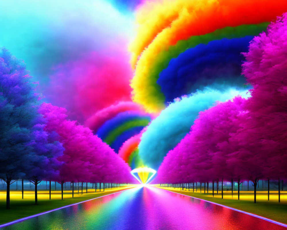 Colorful rainbow over tree-lined road with reflections