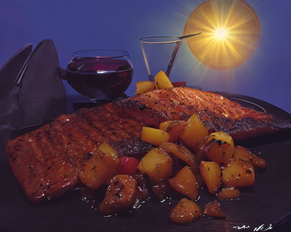 Elegant dinner setting with grilled salmon, mango, and red wine at sunset