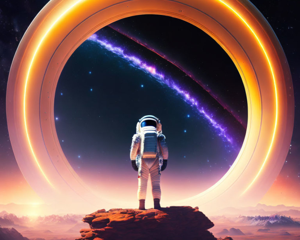 Astronaut on rocky terrain faces glowing ring portal in cosmic scene