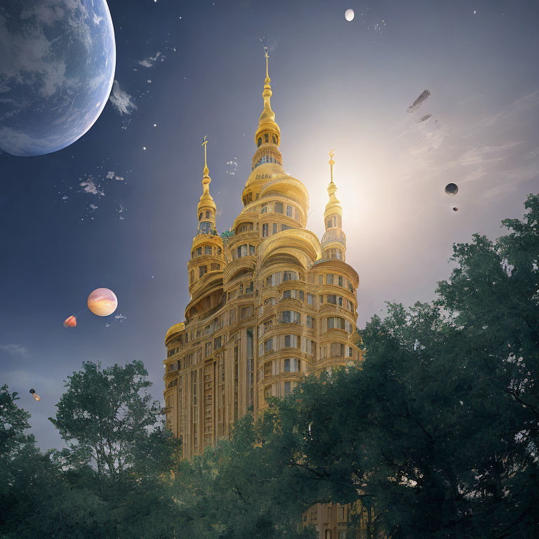 Golden-domed skyscraper under twilight sky with moon and planets