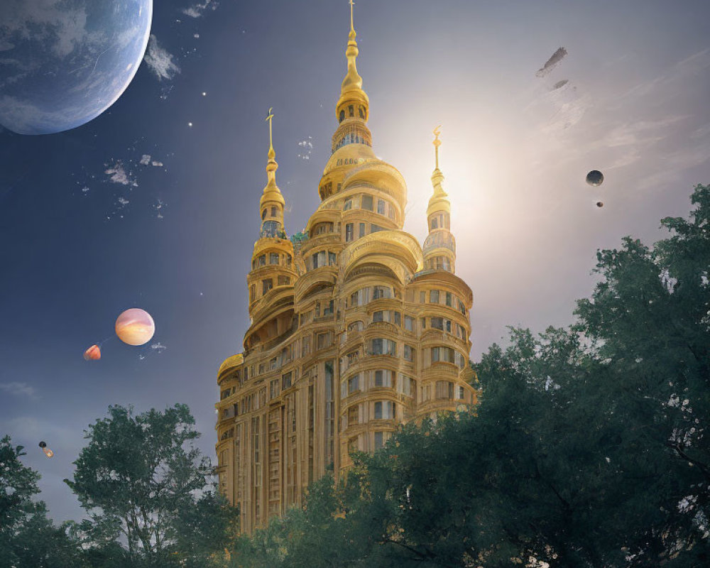 Golden-domed skyscraper under twilight sky with moon and planets