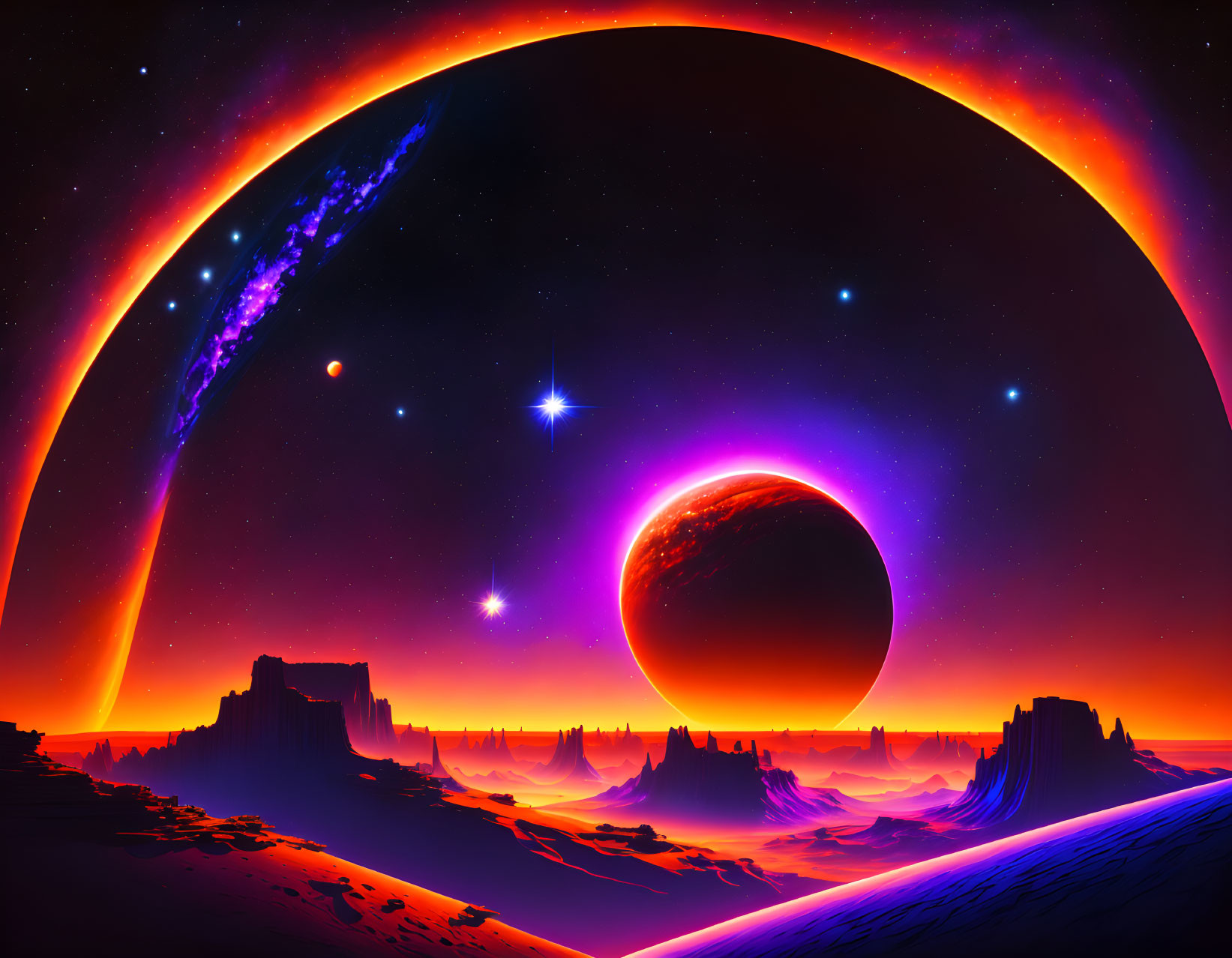 Futuristic sci-fi landscape with red planet, starry sky, galaxy, alien terrain, and