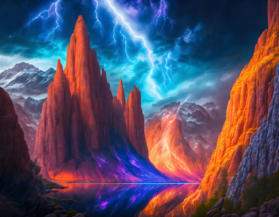 Colorful fantasy landscape with rocky spires, river, and lightning.