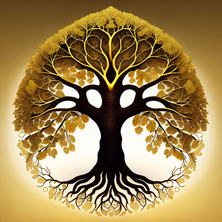 Circular tree illustration with intricate roots and golden leaves on warm amber backdrop