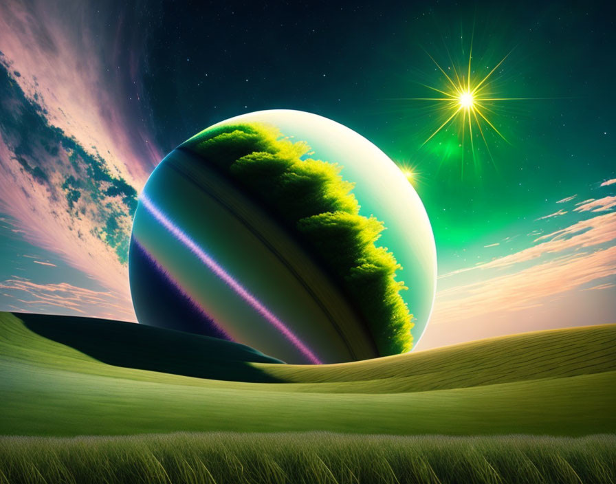 Surreal landscape with green hills and cosmic sky