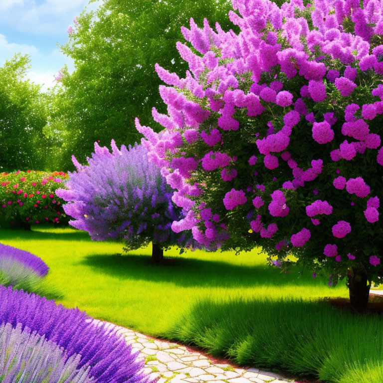 Lush Green Garden with Purple Trees and Stone Pathway