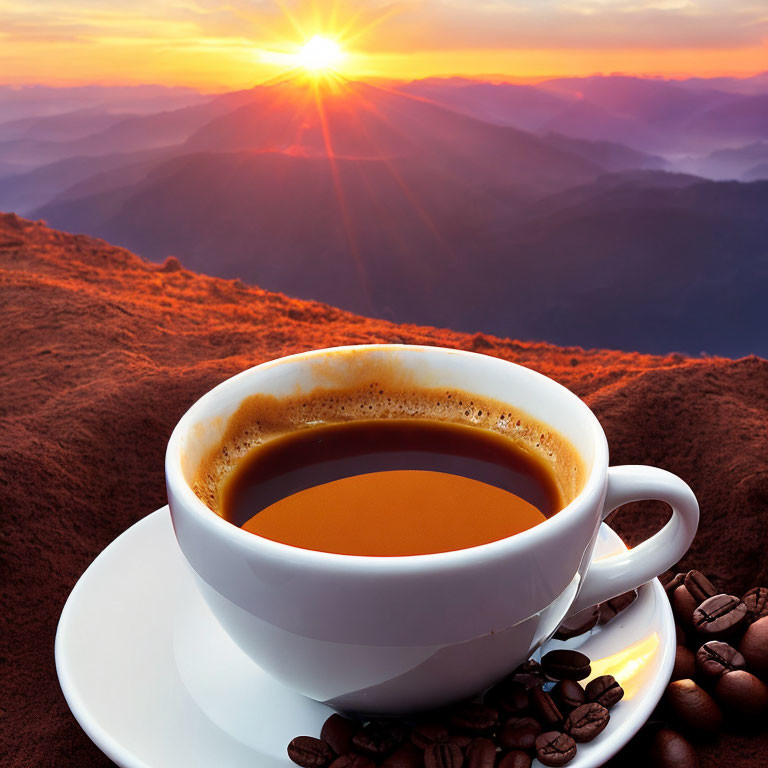 Steaming coffee cup on saucer against mountain sunrise