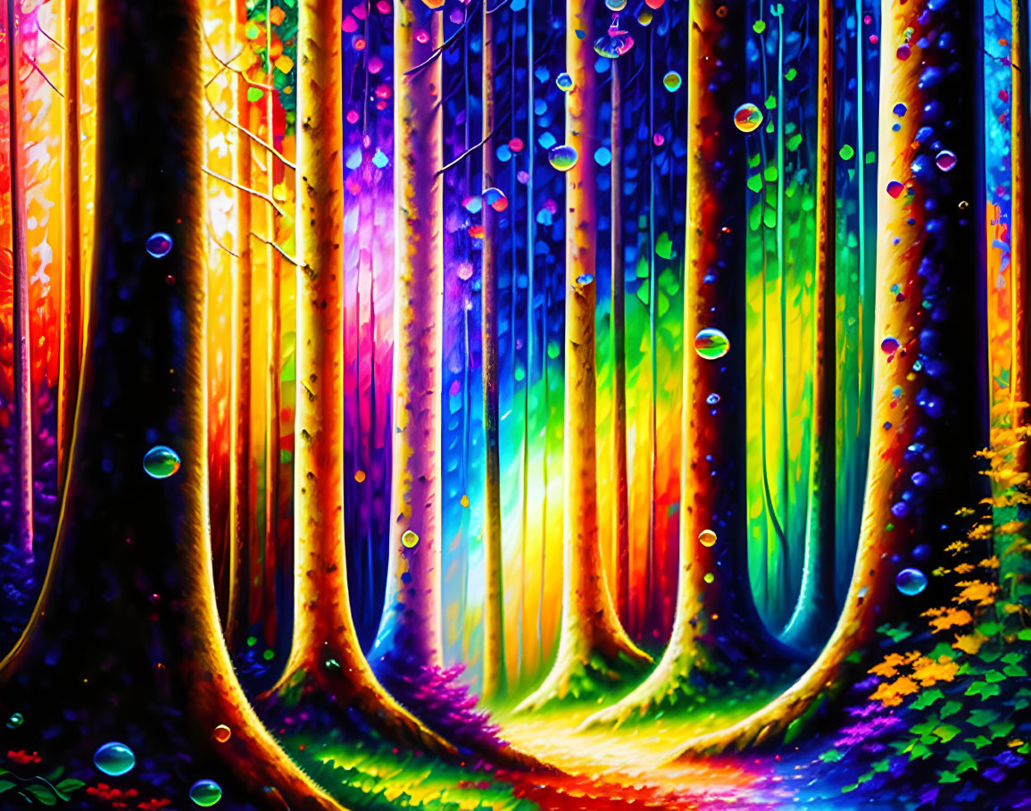 Colorful Rainbow Trees and Luminescent Bubbles in Vibrant Forest