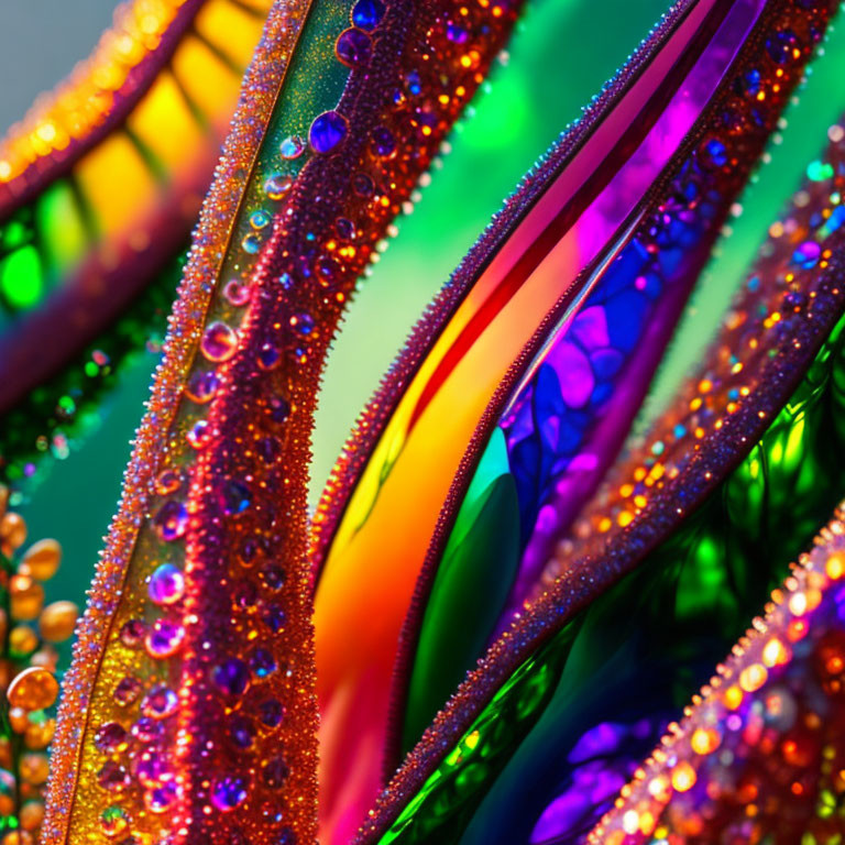 Vibrant macro photo: colorful droplets on iridescent surfaces