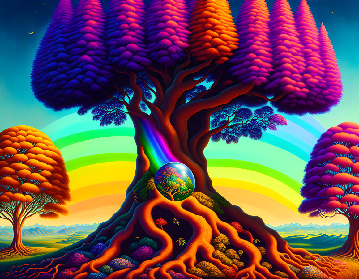 Colorful surreal landscape with giant rainbow tree and rolling hills