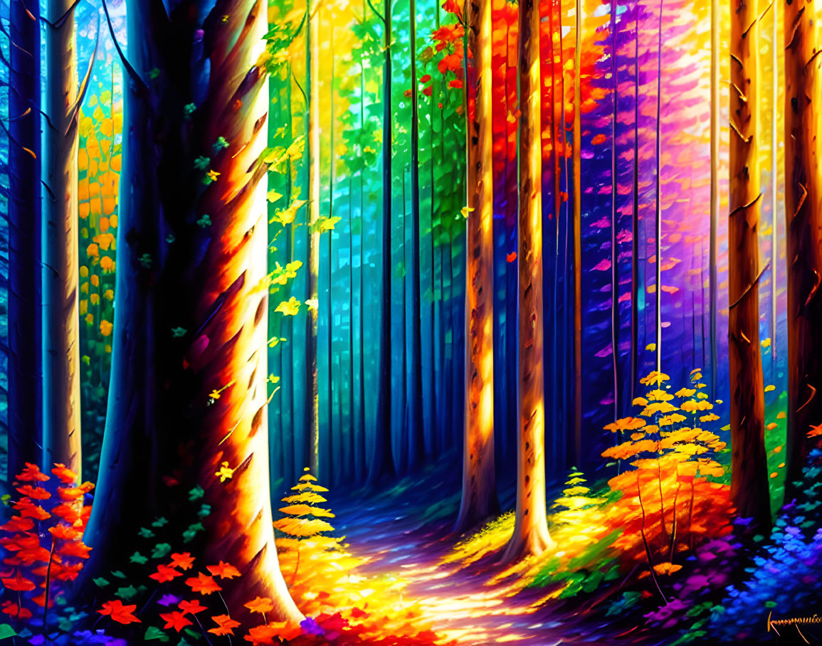 Colorful Forest Illustration with Streaming Light and Vibrant Foliage