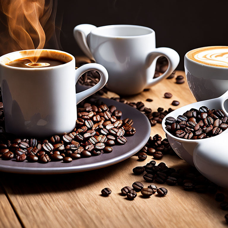 Steaming coffee cups with heart latte art on wooden surface surrounded by beans