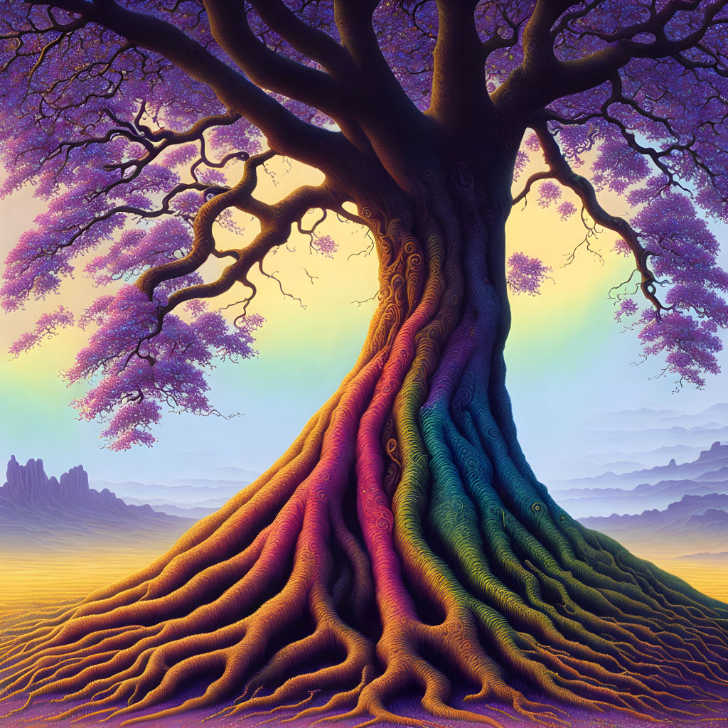 Colorful artwork: Expansive tree with purple foliage under pastel sky