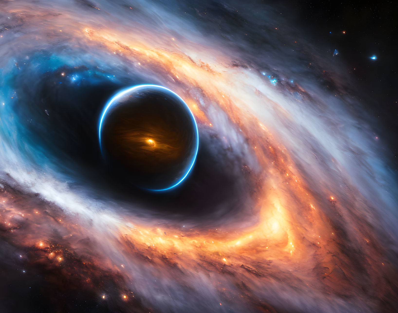 Detailed portrayal of black hole with swirling oranges and blues in space