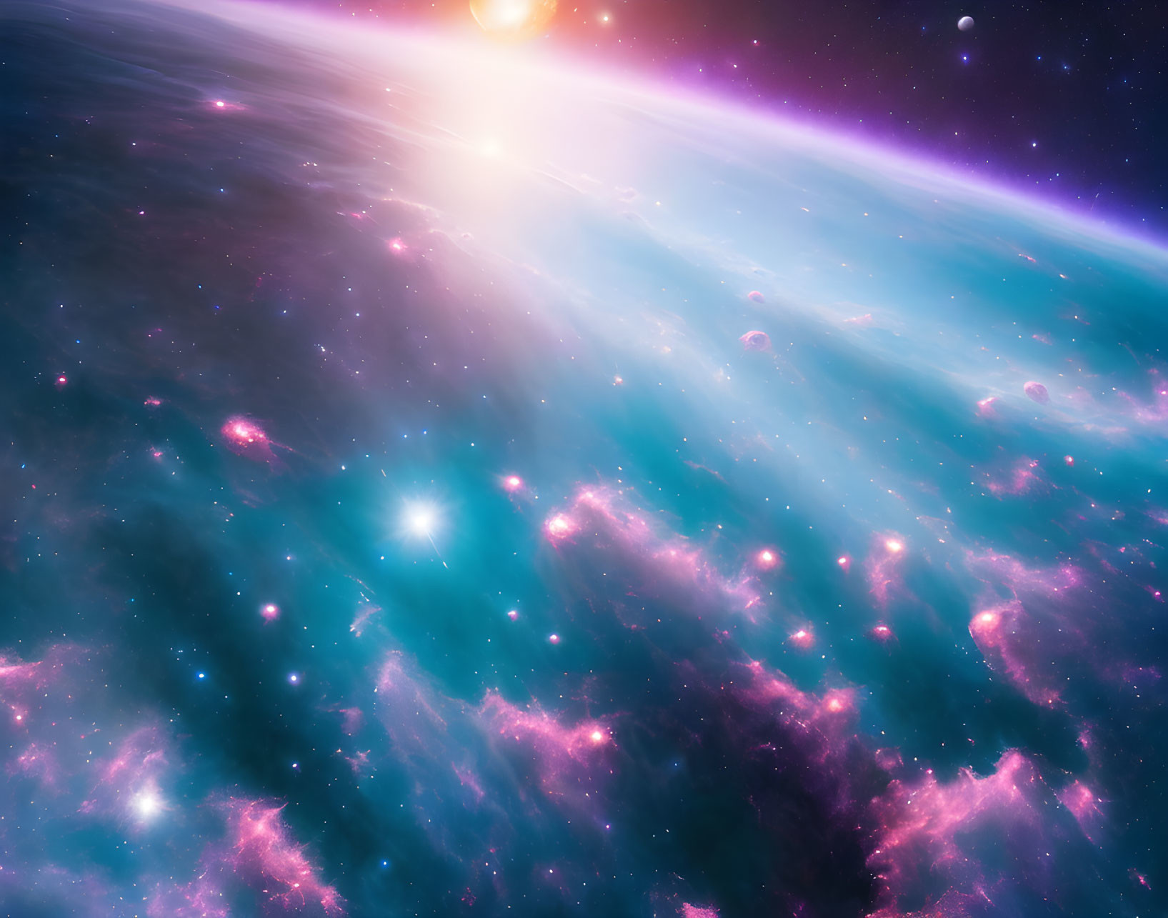 Vibrant space scene with sun, stars, nebulae, and cosmic dust in blue and