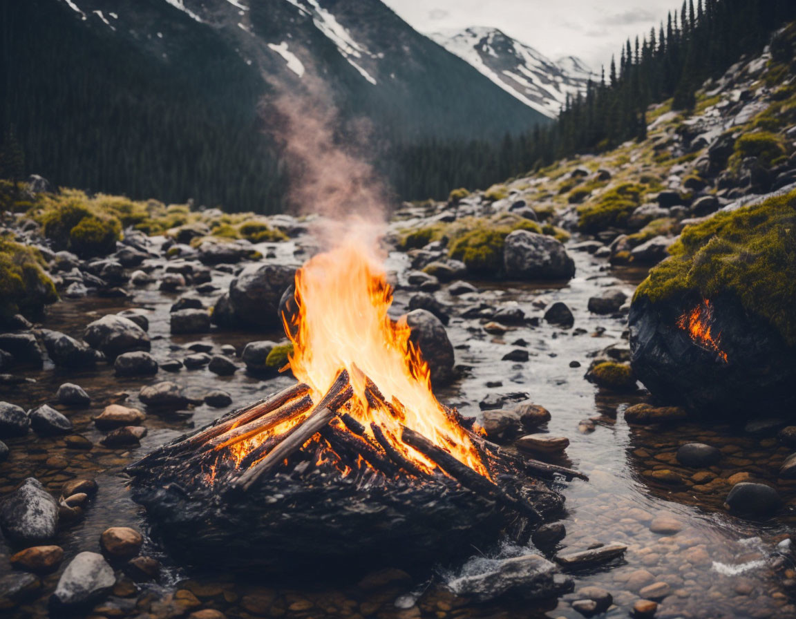 creek, adventure, camp fire