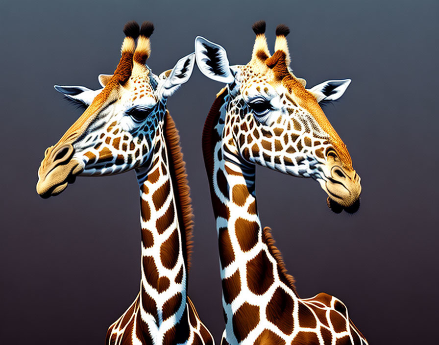 Two Giraffes with Prominent Brown Spots and Long Necks on Dark Background