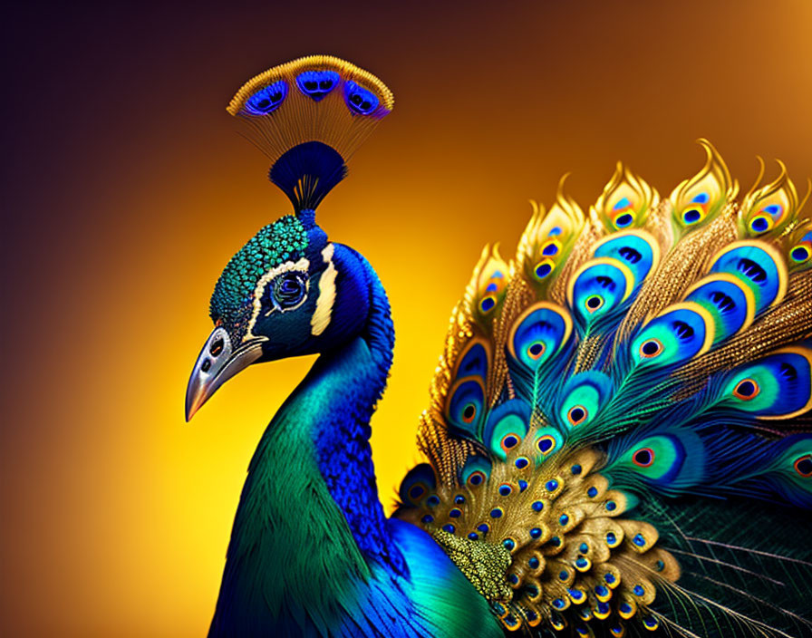 Colorful peacock with blue and green plumage on orange background