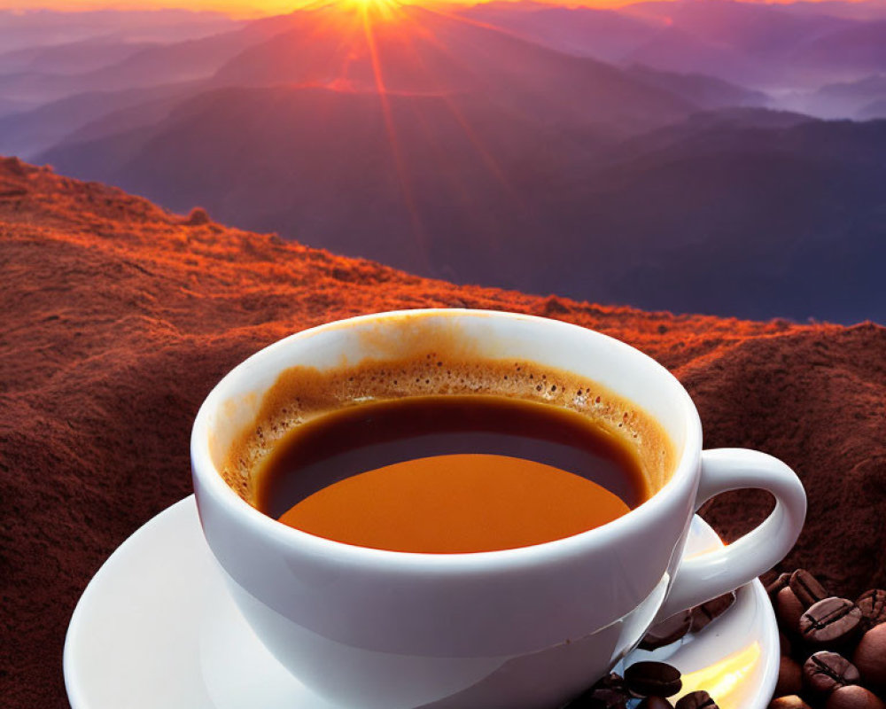 Steaming coffee cup on saucer against mountain sunrise