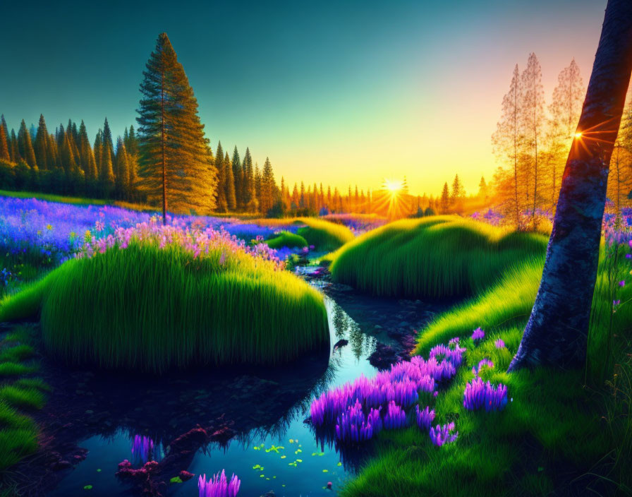 Colorful sunset landscape with stream, green fields, purple flowers, and silhouetted trees