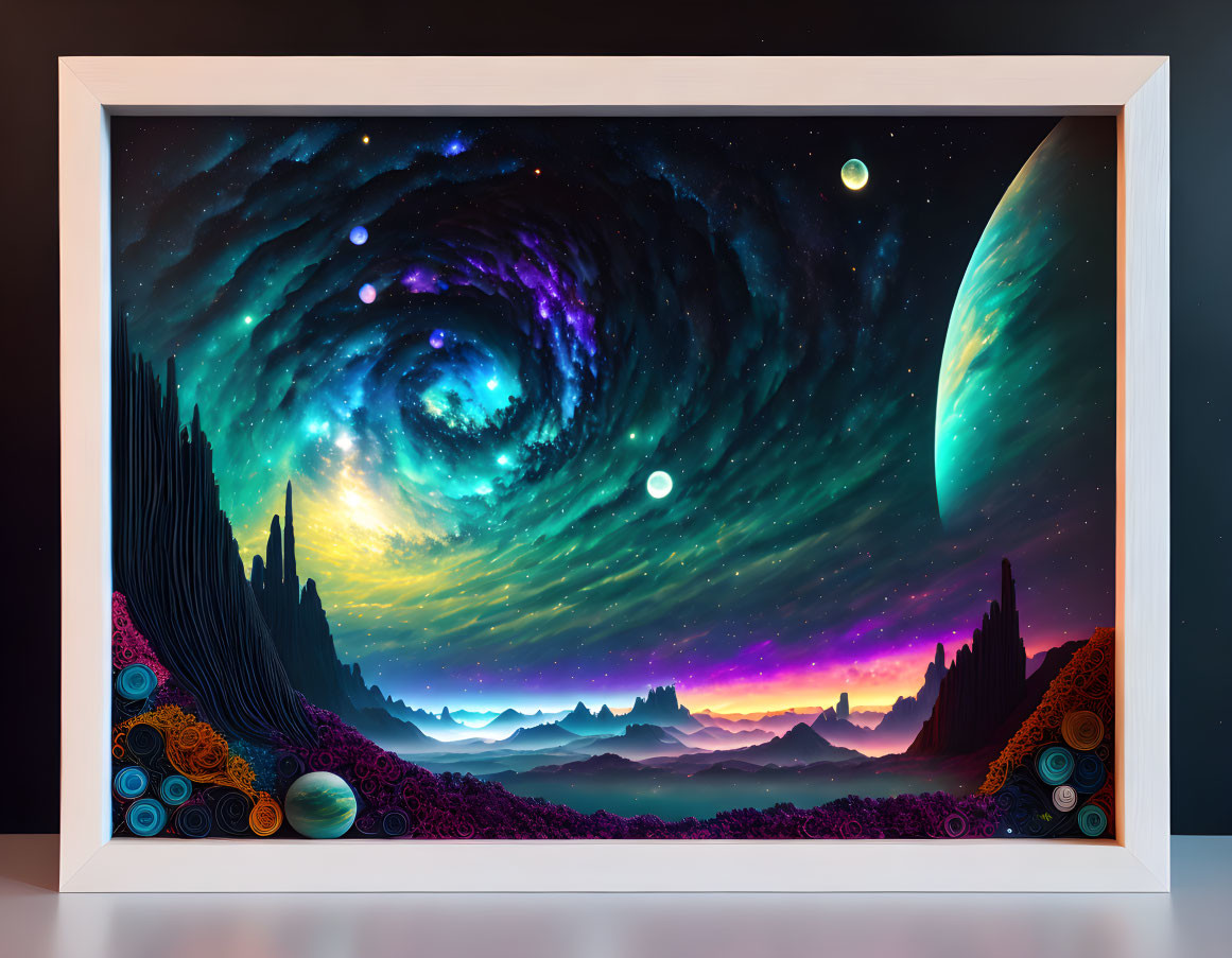 Colorful cosmic painting of swirling galaxy, planets, and nebula in white frame