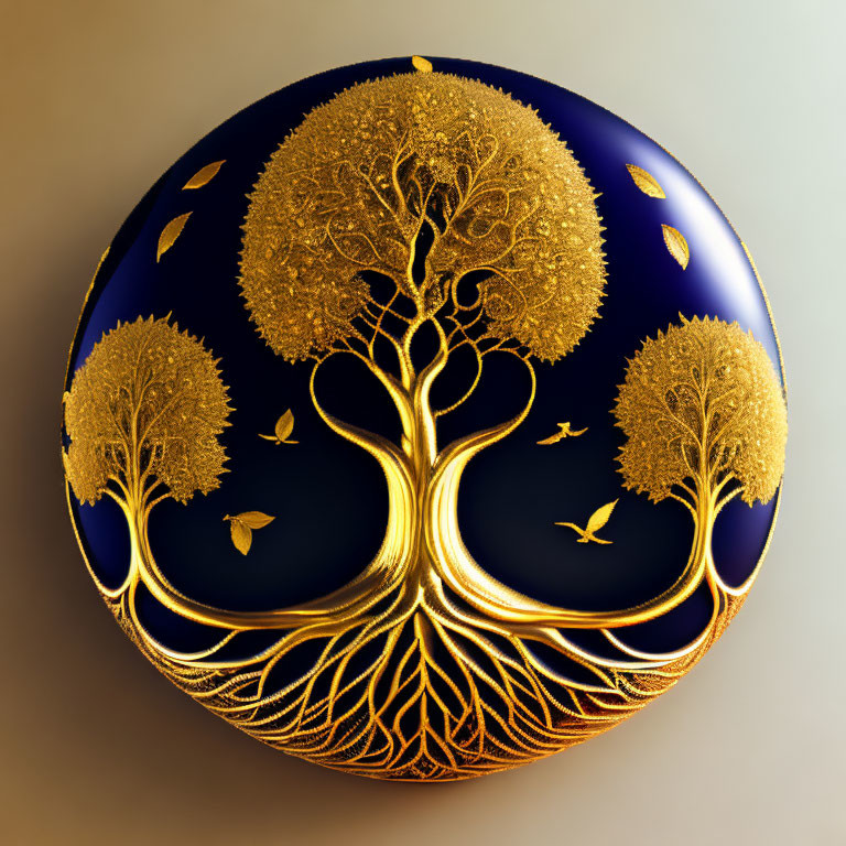 Shiny blue spherical object with intricate golden tree and leaf designs