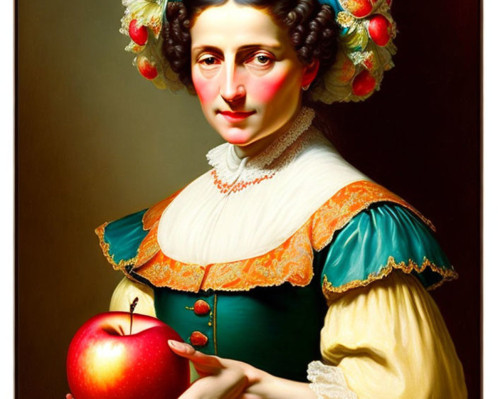 Traditional woman in bonnet holding an apple with rosy cheeks