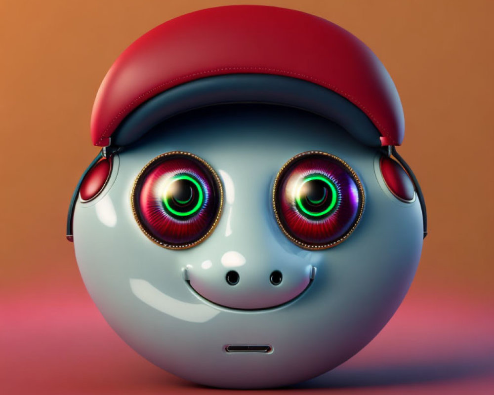 Colorful 3D character with spiral eyes and red cap on orange background