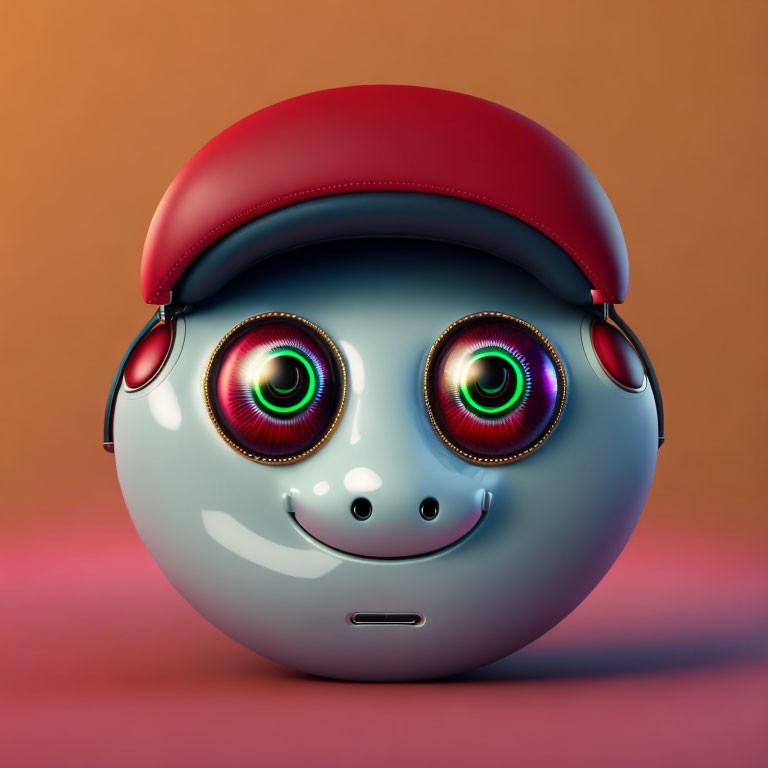 Colorful 3D character with spiral eyes and red cap on orange background