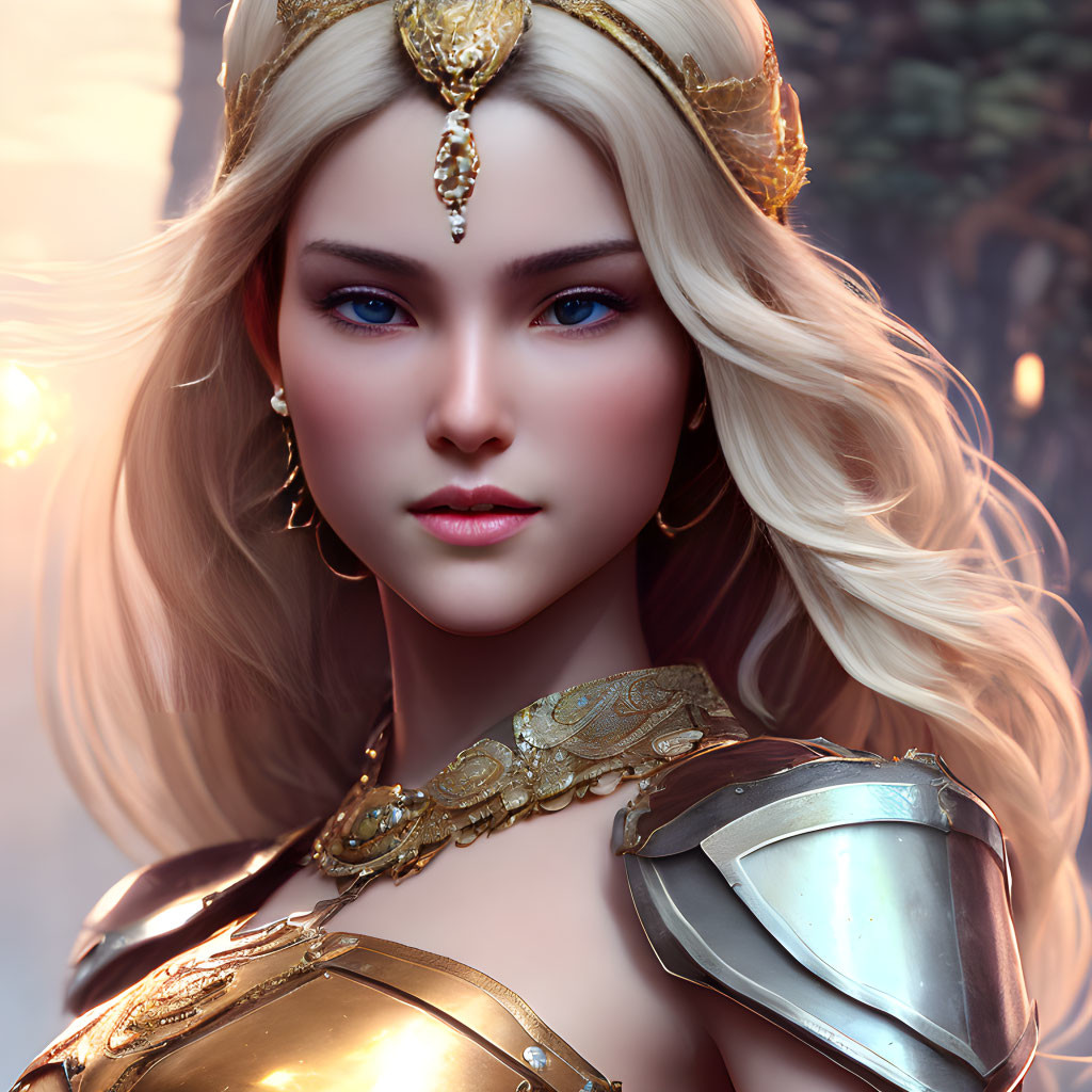 Blond-Haired Female Character in Golden Crown and Armor Against Forest Backdrop