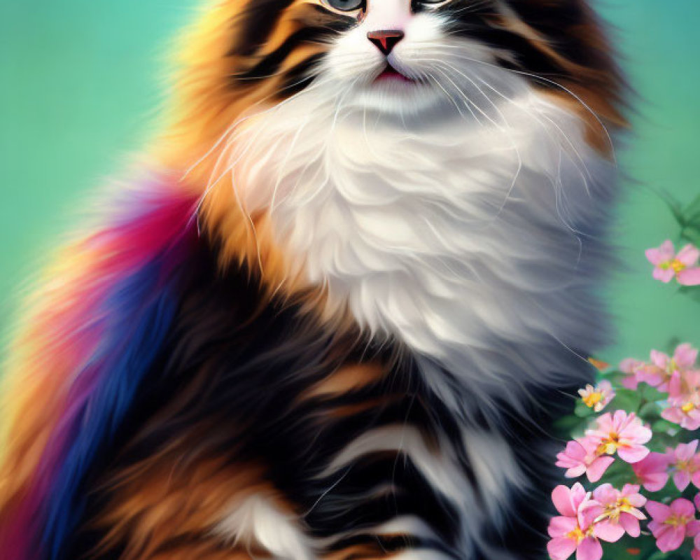 Colorful Long-Haired Cat Artwork with Blue Eyes and Floral Background